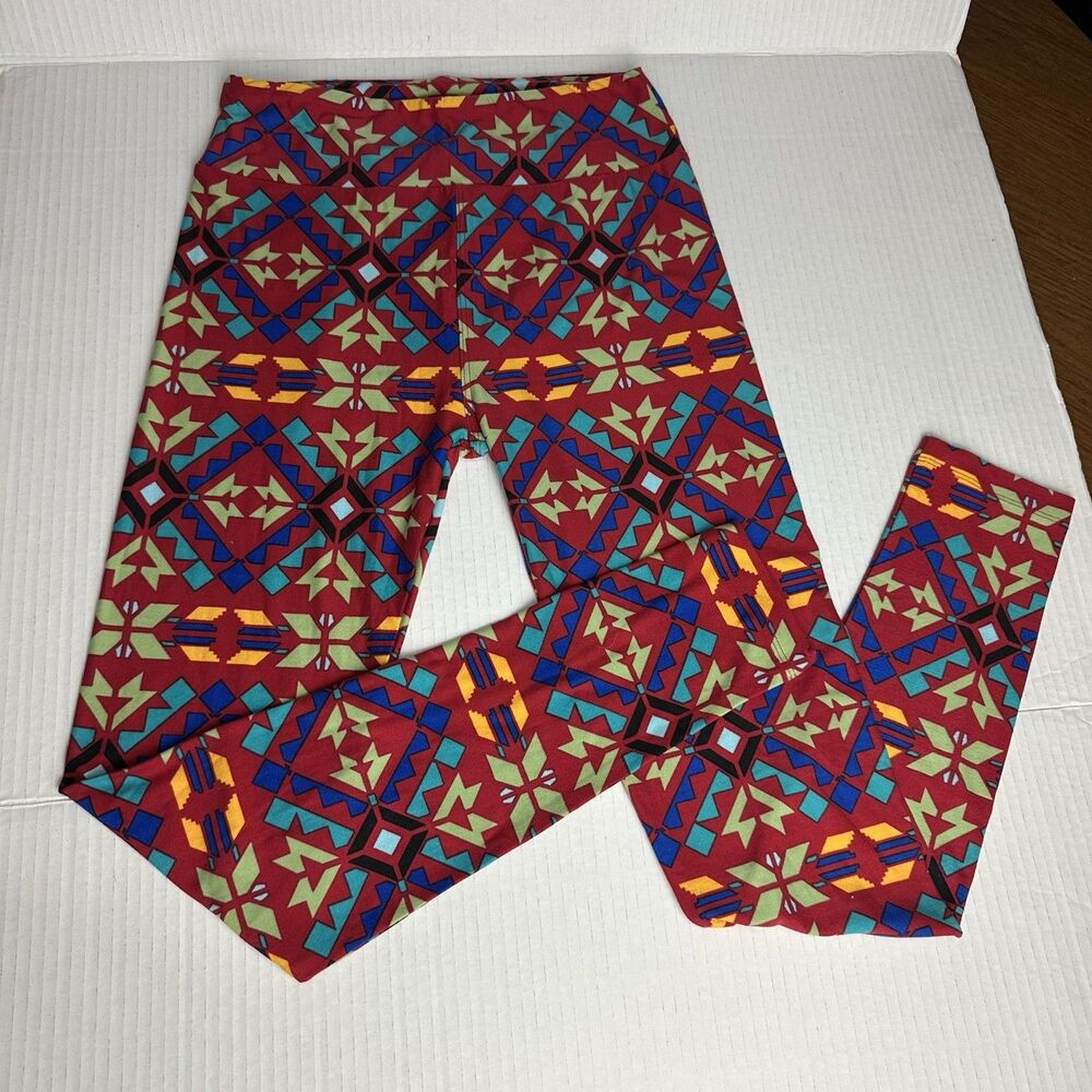 Lularoe Leggings Womens OS One Size Red Tribal Print Soft Stretch Ankle Comfort
